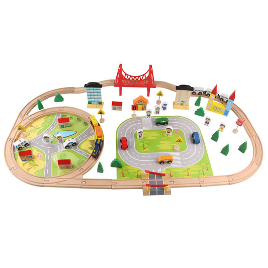 Wooden Train Track & City Set w/ Accessories 82 Pcs