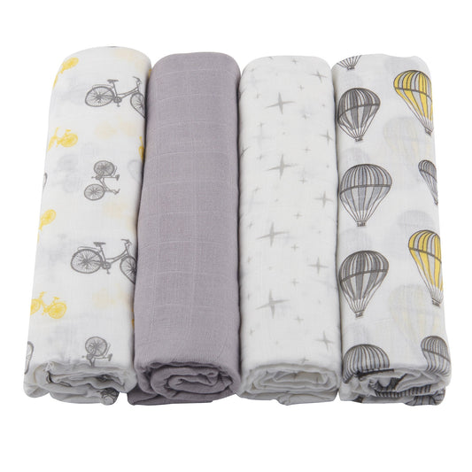 This soft, breathable, pre-washed four pack of muslin swaddle are made from our natural bamboo fibers. Use these swaddles as a stylish stroller or nursing cover, changing pad cover, burp cloth, tummy time blanket and more. The breathable fabric helps reduce the risk of overheating while the generous size makes swaddling a breeze. Hot air balloons, bicycles, stars, and neutral grey. Unisex.