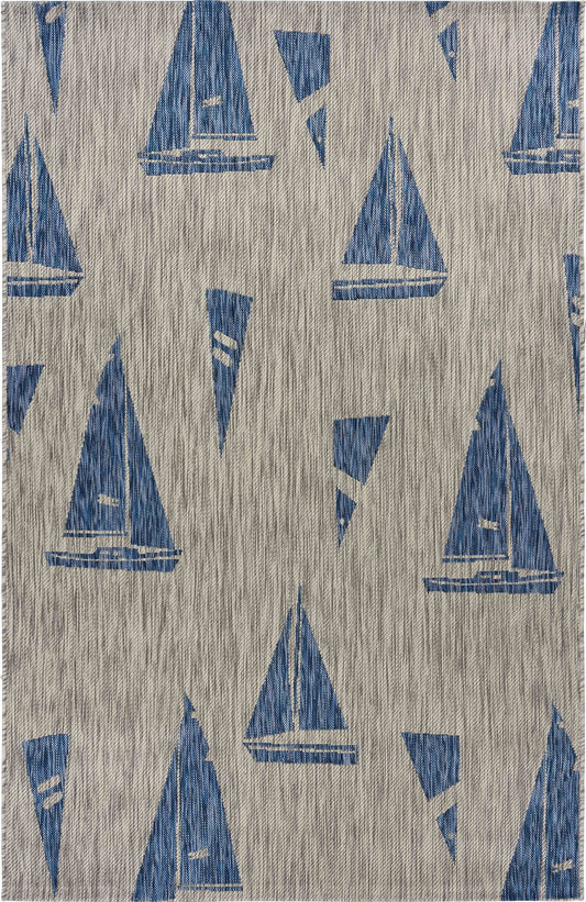 5' x 7' Gray Sailboat Indoor Outdoor Area Rug