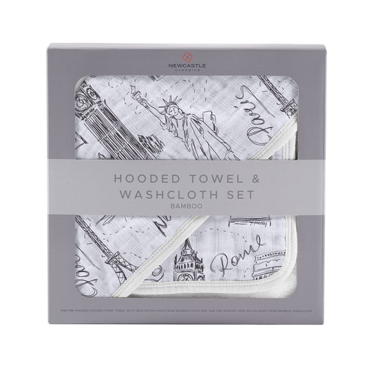 London, Paris, New York Bamboo Hooded Towel and Washcloth Set