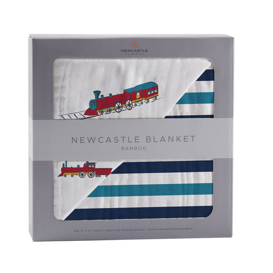 Vintage Steam Trains and Blue Stripe Bamboo Muslin Blanket