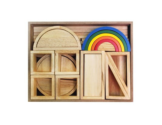 Montessori learning, sorting toy - This set of gorgeous blocks will offer young children hours of fun as they stretch their imagination. The set include 40 hollow blocks, wooden blocks and a wooden rainbow. All the blocks have a natural finish in different wooden patterns and colours. The blocks are made from a blend of Acacia and rubber wood and can also be used indoors or outside. All housed in a wooden tray for storage. All QTOYS are made out of plantation timber using non-toxic child safe materials.