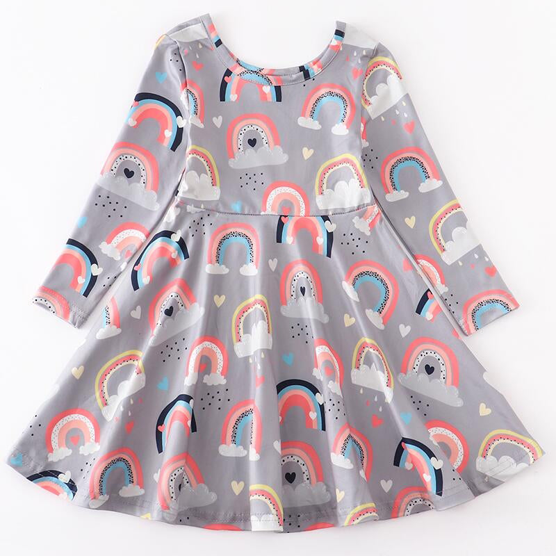 Girls Long Sleeve Boutique Trendy Rainbow Swing Party Dress