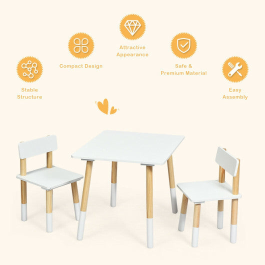 1 Kids Modern Wooden Table and 2 Chairs Set - White & Natural