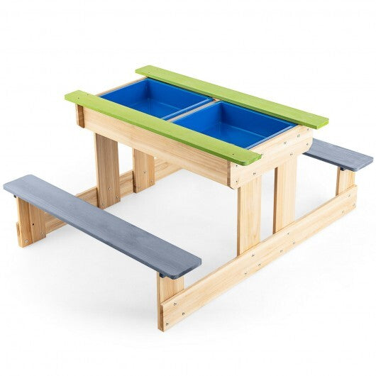 3-in-1 Indoor/Outdoor Wooden Kids Sand & Water Picnic Table w/ Play Boxes