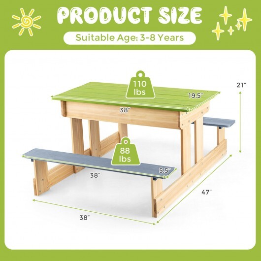 3-in-1 Indoor/Outdoor Wooden Kids Sand & Water Picnic Table w/ Play Boxes