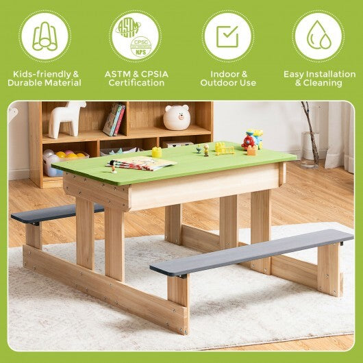 3-in-1 Indoor/Outdoor Wooden Kids Sand & Water Picnic Table w/ Play Boxes