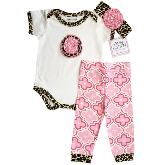 Baby Girls Layette Pink Leopard Onesie Pants Headband 3pc