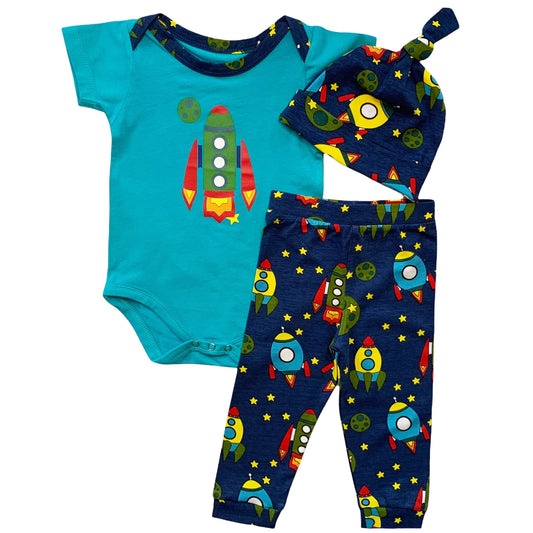 Baby Boys Layette Space Ship Onesie Pants Cap 3pc Gift Set