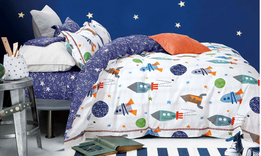 Rocket Ship Kids 100% Cotton Reversible Comforter Set