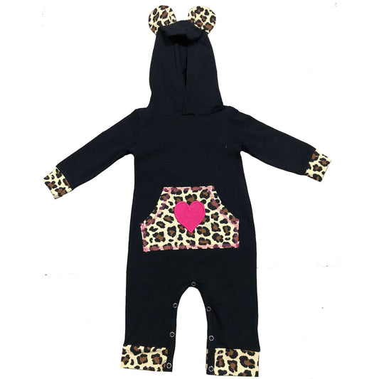 AnnLoren Girls Long Sleeve Leopard Heart Baby Toddler Romper Hoodie One Piece