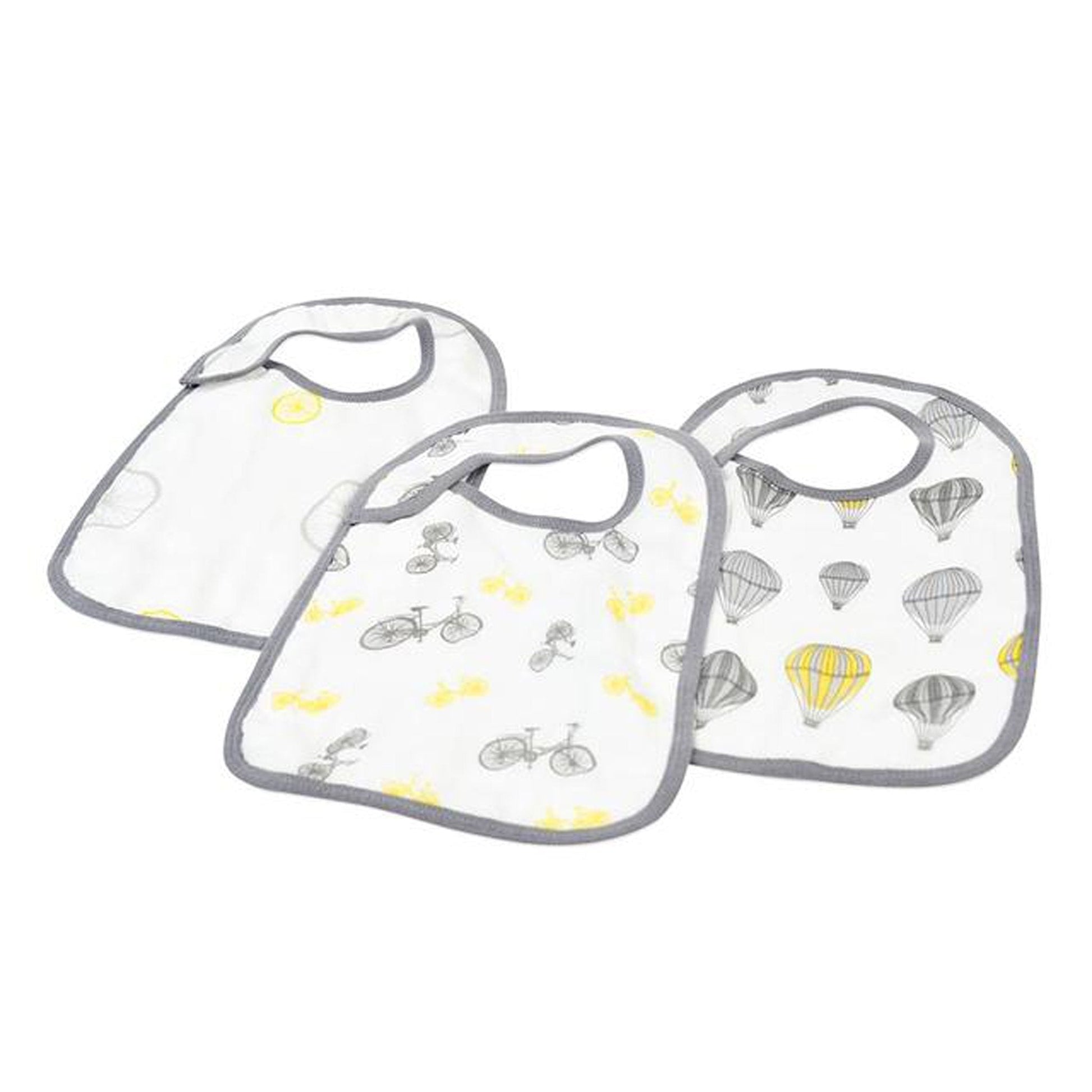 Soft and comfortable 100% natural bamboo muslin. These stylish and easy to care for bib features three snaps in the front for a perfect fit. The extra absorbent fabric makes these bibs a must have for feeding and teething.  Don't miss our matching Vintage Bicycles and Hot Air Balloon Swaddles, Blankies, and Crib/Bassinet Sheets to make it a set!