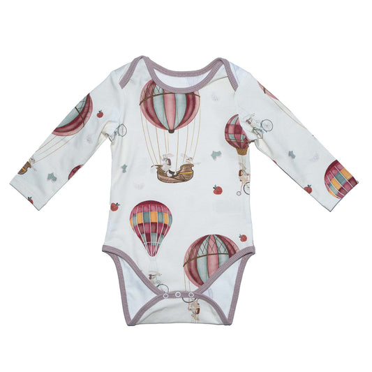 Our super soft cotton snap body with our hand drawn unisex Hot Air Balloon print onesie 