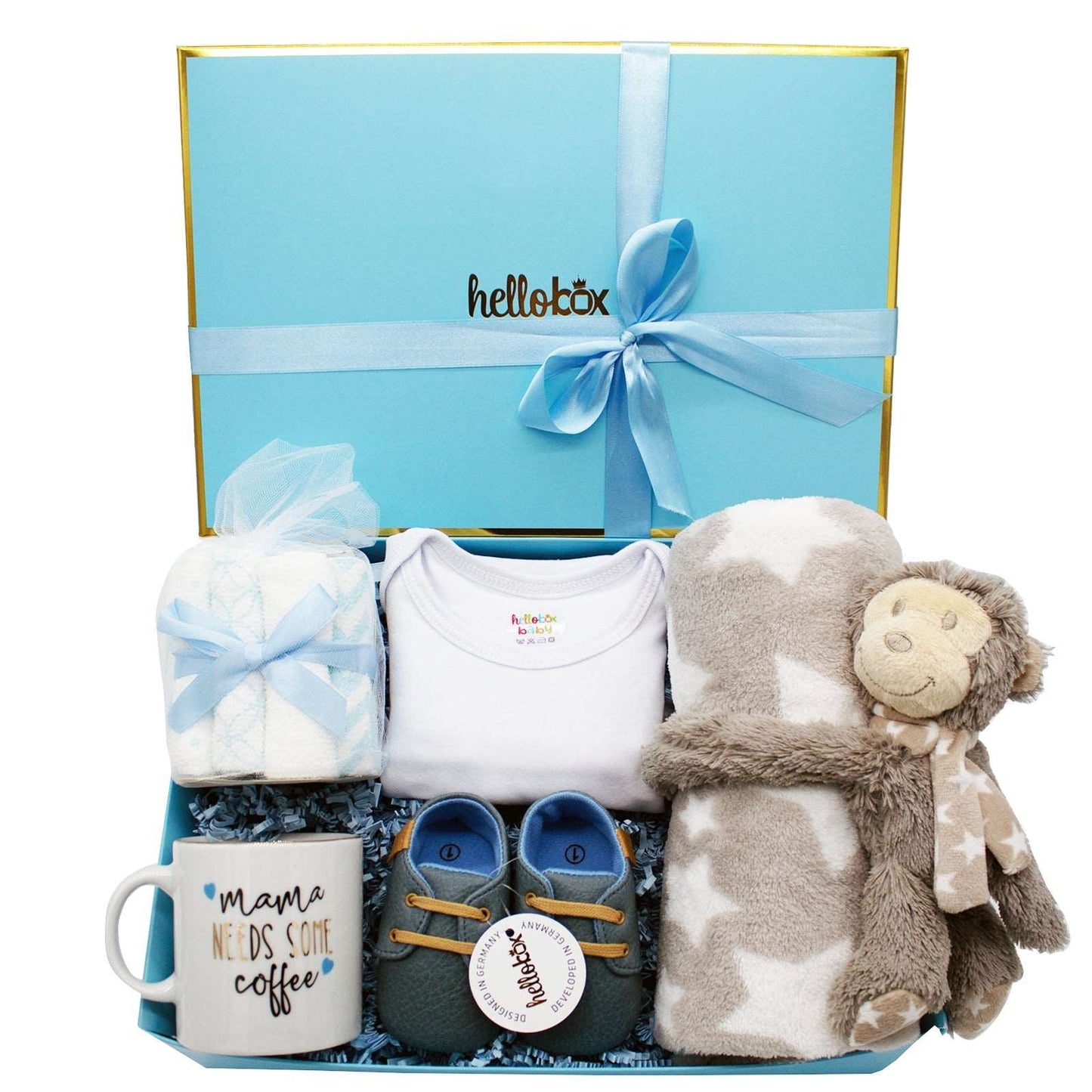 PERFECT GIFTS FOR NEWBORN IN NOBLE PACKAGING - The baby starter kit offers a little bit of everything. A cuddly blanket, cuddly bunny, washcloth, first running shoes, baby body and a cup for mom. The baby stuff for bath, bedtime and playtime is a sensible alternative with the baby storage box. The box is hand wrapped and elegantly created with love.