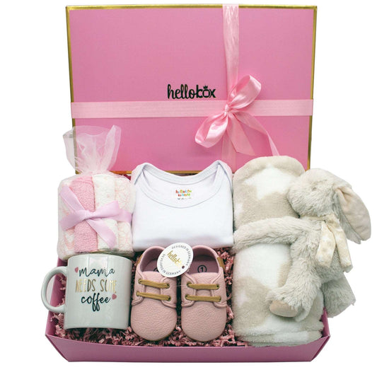 PERFECT GIFTS FOR NEWBORN IN NOBLE PACKAGING - The baby starter kit offers a little bit of everything. A cuddly blanket, cuddly bunny, washcloth, first running shoes, baby body and a cup for mom. The baby stuff for bath, bedtime and playtime is a sensible alternative with the baby storage box. The box is hand wrapped and elegantly created with love.