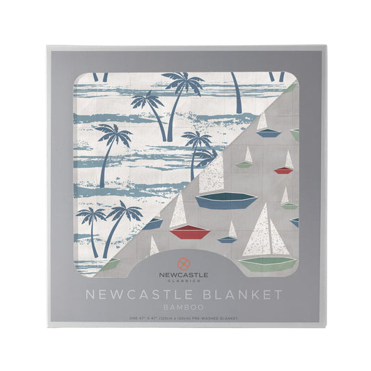 Marina Sailboats and Ocean Palm Trees Reversible Bamboo Blanket