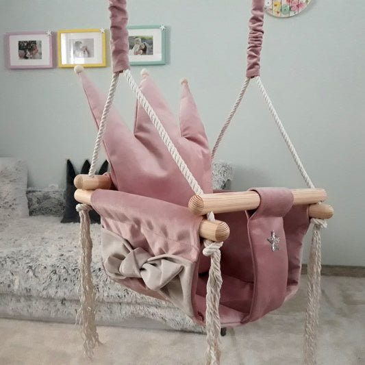 Velvet Baby Swing w/ Crown Cushion - Dusty Pink