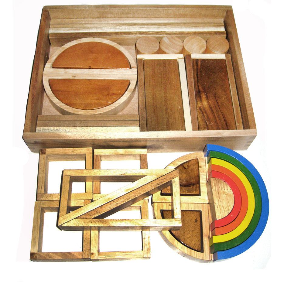 Montessori learning, sorting toy - This set of gorgeous blocks will offer young children hours of fun as they stretch their imagination. The set include 40 hollow blocks, wooden blocks and a wooden rainbow. All the blocks have a natural finish in wooden patterns and rainbow colours. The blocks are made from a blend of Acacia and rubber wood and can also be used indoors or outside. All housed in a wooden tray for storage. All QTOYS are made out of plantation timber using non-toxic child safe materials