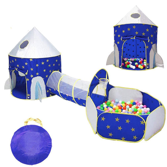 3 in 1 Rocket Ship - Indoor/Outdoor Tent w/ Tunnel Ball Pit Hoop