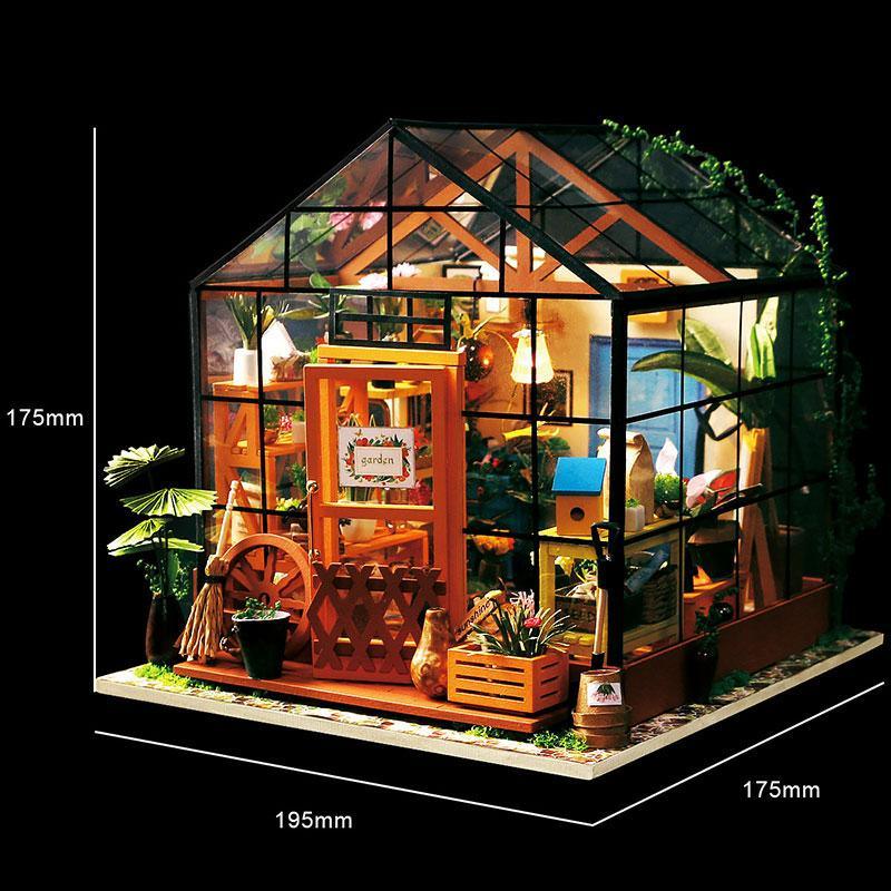 Enjoy the stress-relieving hobby of assembling this DIY Mini Dollhouse, a little greenhouse hideaway for garden enthusiasts or those who wish they had a greener thumb... If you can stand to part with it, give as an impressive and heart-warming gift. It's a very inviting scene to gaze upon.    Details Assembly size: 195*175*175mm  Package size: 319*207*50mm  Wooden pieces: 231pcs