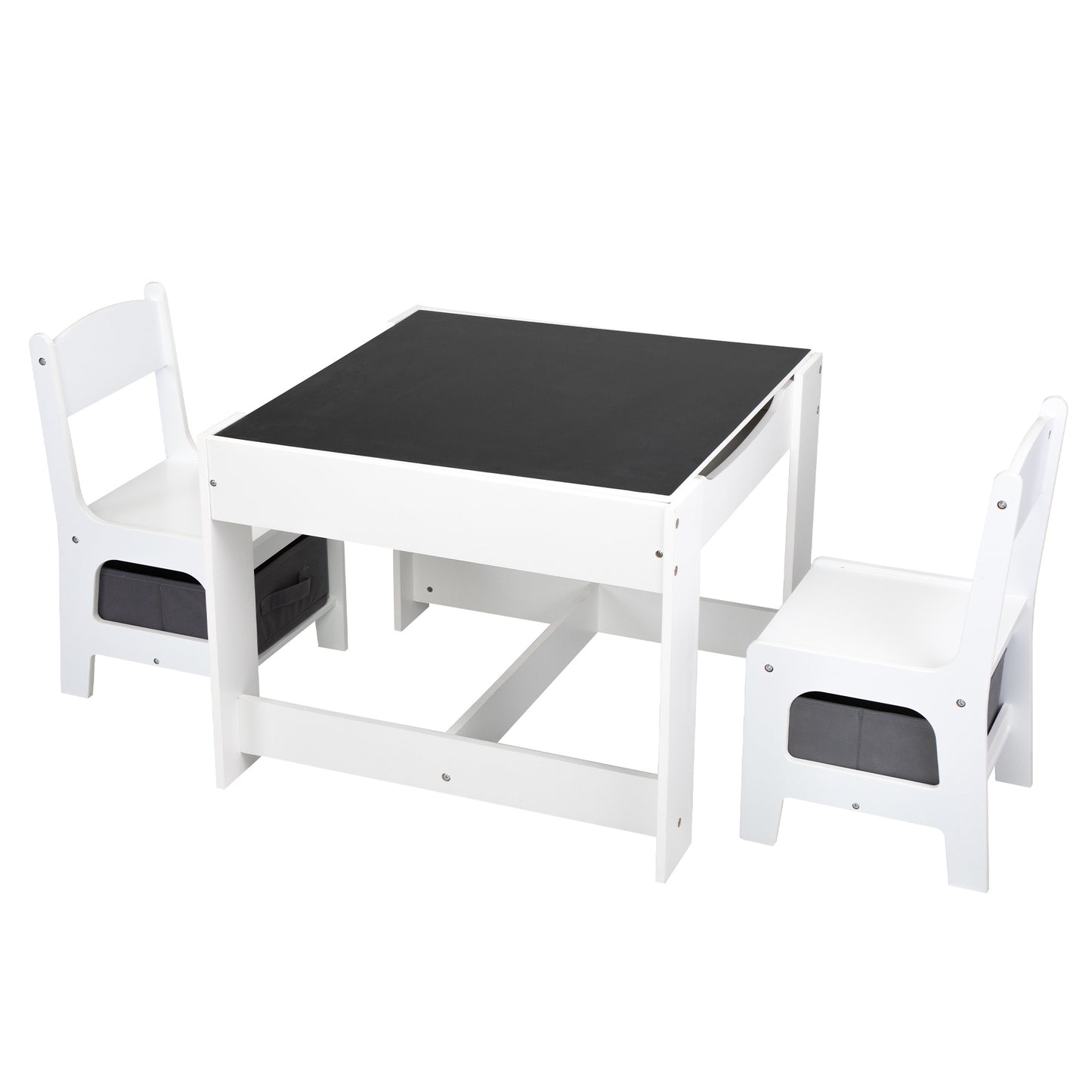 3-in-1 Kids Wood Table and 2 Chairs, Activity Table Set w/ Storage, Blackboard, Double-Sided Table