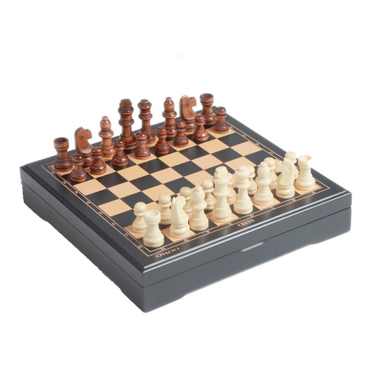 This is a lovely dark blue wooden chess board with space inside for keeping the pieces. Smaller set makes it easier to play anywhere! 