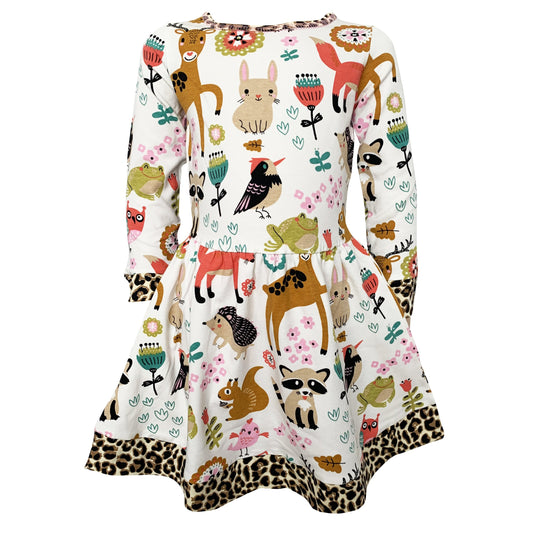 Girls Long Sleeve Forest Friends Fall Leopard Trim Dress